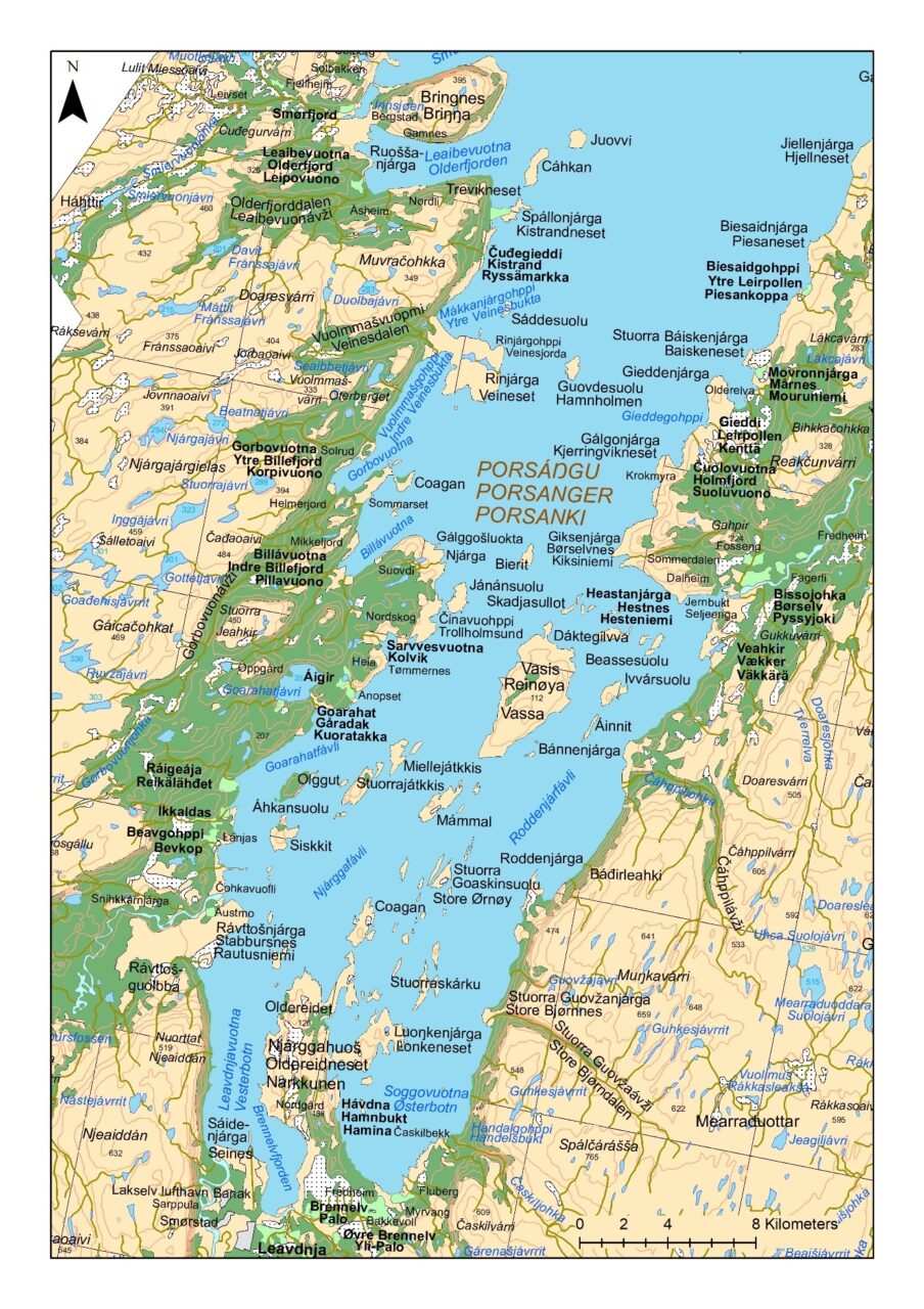 Kart over Porsanger med samiske stedsnavn